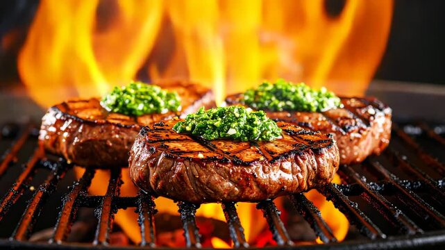 meat on the grill, a perfectly grilled steak topped with vibrant chimichurri sauce, showcasing juicy texture, charred grill marks, and rich flavors in a mouthwatering gourmet presentation