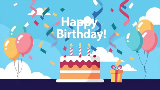 An animated "Happy Birthday!" greeting features a celebratory cake with lit candles, colorful balloons, a gift, and falling confetti against a blue sky with clouds.