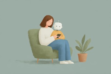 A woman sitting in a chair with a plant