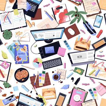 Repeatable pattern of mess and disorder on computer desks top view. Endless background of messy table, dirty office workplace with books, cups, stationery, notes. Flat seamless vector illustration