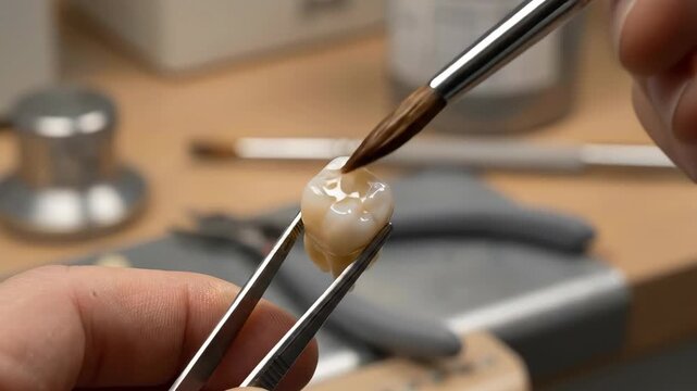 Man, a dental technician, applies material with a brush to a tooth prosthesis using precision tweezers at a laboratory for dentistry.