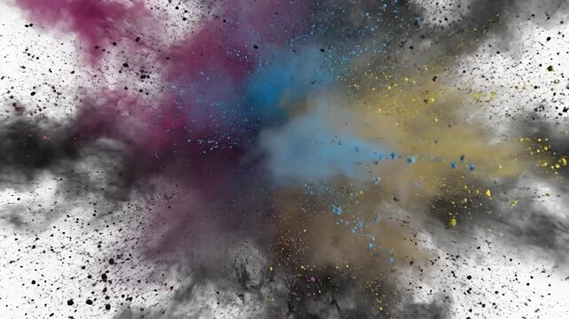 Vibrant colorful powder bursts outwards in a dynamic explosion on white.