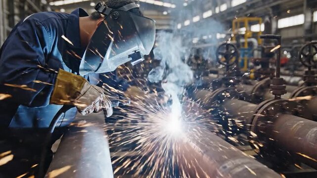 Industrial worker welding l pipes in a factory setting with bright sparks flying