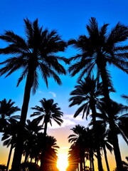 Naklejka premium Palm tree silhouettes against a bright blue sunset sky, ||sunset, outdoors