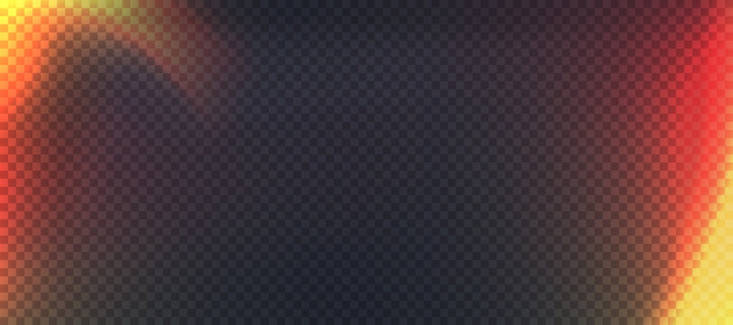 Film lens effect on black transparent background. Camera leak filter with light overlay effect for mobile photo, lens flare bokeh png bg, vector illustration. Burn red and orange gradient glow.