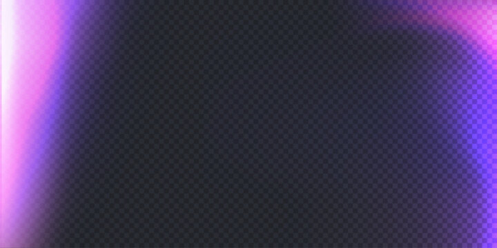 Film light realistic effect on black transparent background. Camera leak filter overlay effect for mobile photo, lens flare bokeh png bg, vector illustration. Purple iridescent and hologram light.	
