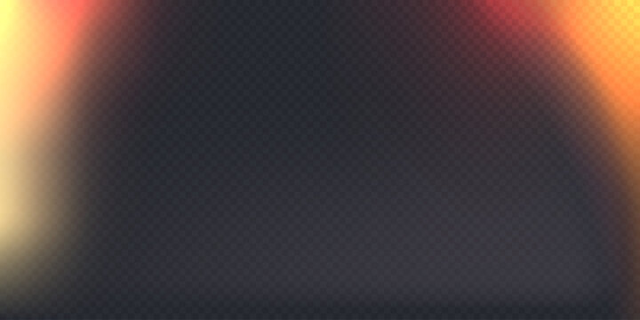 Film lens effect on black transparent background. Camera leak filter with light overlay effect for mobile photo, lens flare bokeh png bg, vector illustration. Burn red and orange gradient glow.