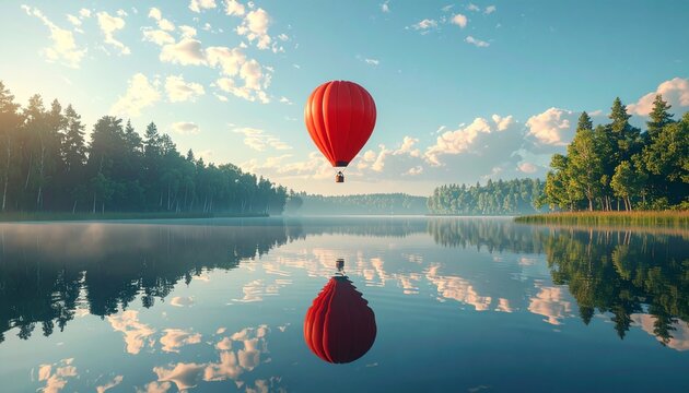 Red Hot Air Balloon Over Serene Lake at Sunrise.