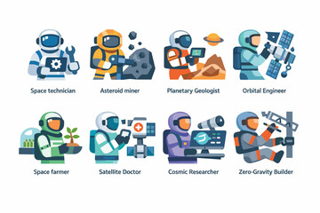 Fototapeta premium Set of futuristic astronauts illustrating space careers including technician, miner, geologist, engineer, farmer, doctor, researcher, and builder