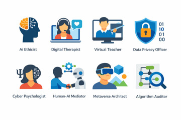 Fototapeta premium Illustrated icons of emerging AI careers including ethicist, digital therapist, virtual teacher, privacy officer, mediator, auditor, and metaverse architect