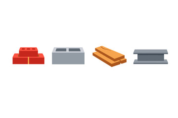 Obraz premium Set of construction materials icons including red bricks, concrete blocks, stacked wooden planks, and steel beam isolated on white background