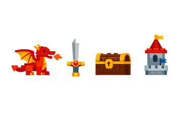 Fototapeta premium Pixel art fantasy game icons featuring a red dragon, silver sword, locked treasure chest, and small medieval tower castle on white background
