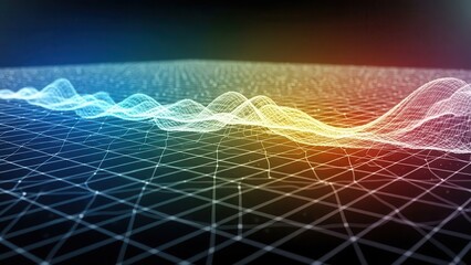 Obraz premium A futuristic, vibrant, and abstract digital interconnected data visualization of a complex wireframe mesh structure, undulating gracefully across a vast, dark digital landscape, illuminated by a
