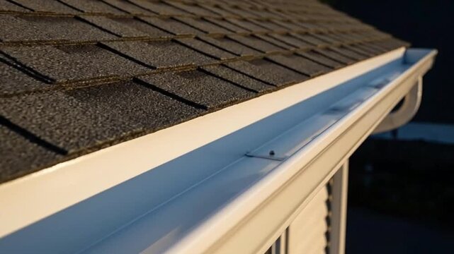 Close-up of a house gutter with shingles on the roof during sunset capturing sunlight reflections