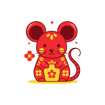 A cute cartoon red mouse with yellow floral patterns, symbolizing good luck and prosperity in Chinese culture.