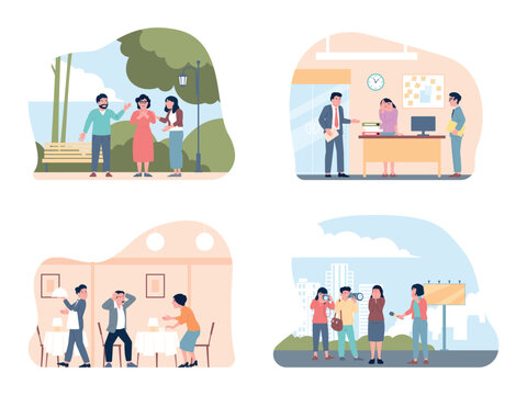 Panic attack in public spaces. Shyness, deviant behavior on street, in office, in restaurant. Man shouts in cafe, woman afraid of publicity. Mental problems recent vector scenes