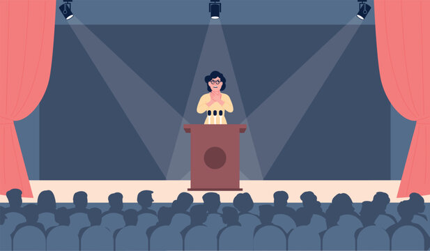 Panic episode on stage. Public speaker fears audience, unconfident female. Nervous character, woman is short of breath. Stress, tension from performing recent vector scene