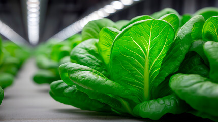 Fresh romaine lettuce growing under artificial lights in a modern indoor vertical farm