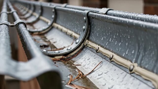 Close-up of rain droplets on a metal gutter with leaves and water accumulate on a rainy day