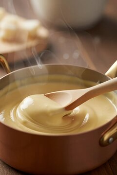 Creamy Soup in Copper Pot With Steam and Wooden Spoon For Cozy Kitchen Cooking