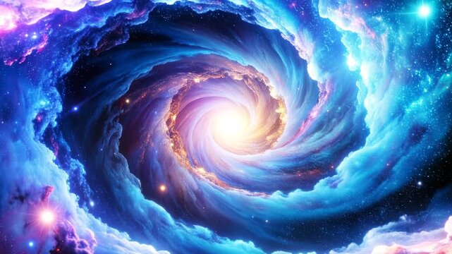 cosmic vortex swirling with brilliant blue and violet nebula clouds, radiating energy and light, surrounded by countless stars in a breathtaking deep-space scene, abstract background with space