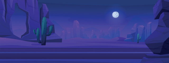 Night desert road. Cartoon highway in sand dunes arizona, mexico or africa. Evening time travel in canyon, midnight sky with moon light, nowaday vector scene