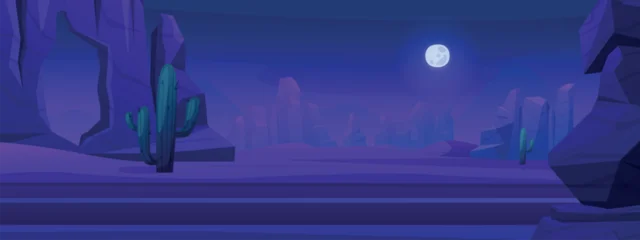 Fotobehang Violet Night desert road. Cartoon highway in sand dunes arizona, mexico or africa. Evening time travel in canyon, midnight sky with moon light, nowaday vector scene  © LadadikArt