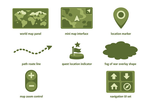 Collection of green game map interface icons including world map panel, minimap, location marker, route line, quest indicator, zoom controls, navigation buttons