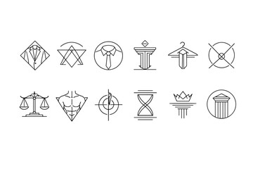 Fototapeta premium Minimal line icon set of business and law symbols featuring suit, tie, scales, columns, crown, hourglass, target, and hanger in monochrome