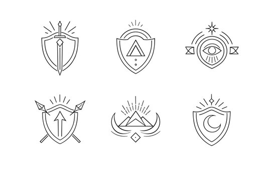 Minimal line art heraldic shield icon set featuring sword, triangle, all-seeing eye, crossed arrows, mountain peak, and crescent moon symbols