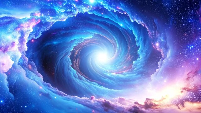 cosmic vortex swirling with brilliant blue and violet nebula clouds, radiating energy and light, surrounded by countless stars in a breathtaking deep-space scene, abstract background with space