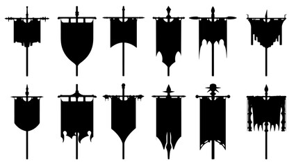 Vector set of silhouettes of banners, flags, heraldic symbols in medieval style