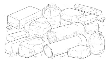 Vector background of pile of garbage bags, debris, crates and boxes