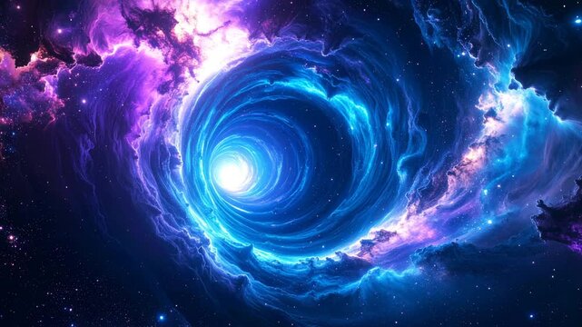 cosmic vortex swirling with brilliant blue and violet nebula clouds, radiating energy and light, surrounded by countless stars in a breathtaking deep-space scene, abstract background with space