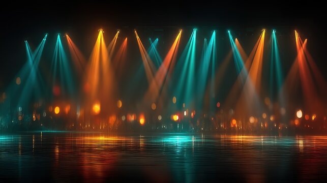 Concert Stage with Dynamic Colored Spotlights and Haze