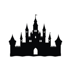 Obraz premium medieval castle with towers silhouette vector illustration, Fairy tale castle silhouette with intricate towers and turrets, elegant black and white vector illustration