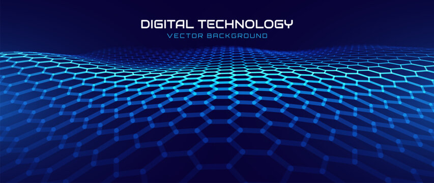 Blue Hexagon 3D Grid. Molecular Network of Hexagons Connected. Chemical Network. Carbon Nanomaterials Nanotechnology Shield Concept. Vector Illustration.