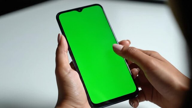A person holding a smartphone with a vibrant green screen, ready for custom content or app display.