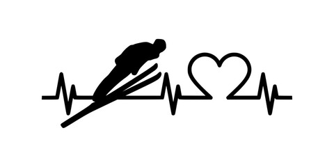 Ski jumping heartbeat silhouette. Heart pulse icon symbol design. Minimalist winter sports line art. Isolated on white background. © Salma