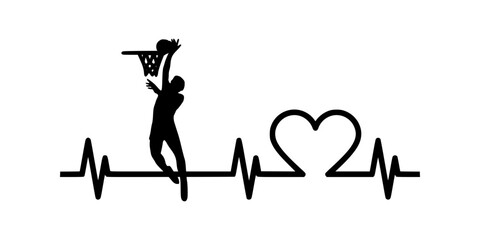 Basketball player silhouette heartbeat. Dunking athlete icon symbol. Minimalist sports design. Isolated on white background. © Salma