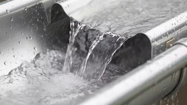 Close-up of flowing water pouring from a metallic pipe in a continuous stream capturing the motion and texture of the water