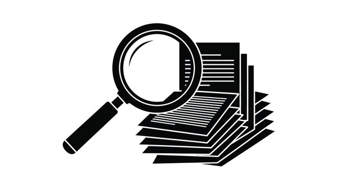 A magnifying glass examining a stack of papers with horizontal lines