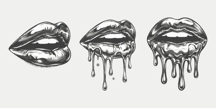 Set of three metallic liquid dripping lips in a realistic hand-drawn sketch style vector illustration