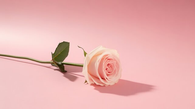 A single delicate pink rose with a green stem and leaf on a light pink background