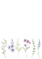 Obraz premium Watercolor wild flowers, floral frame border for greeting card, invitation and other printing design. Isolated on white. Hand drawing.