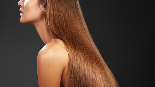 Sleek Glossy Brown Hair Cascading Down, Close Up Profile Of Model Showcasing Keratin Treatment Results, Studio Lighting Highlighting Smooth Texture And Luminous Shine, Saloninspired Luxury Beauty Mood