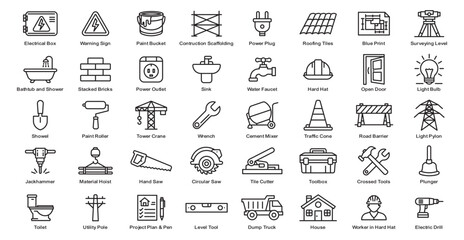 Construction and home repair icon set for building tools and maintenance apps in line and fill style