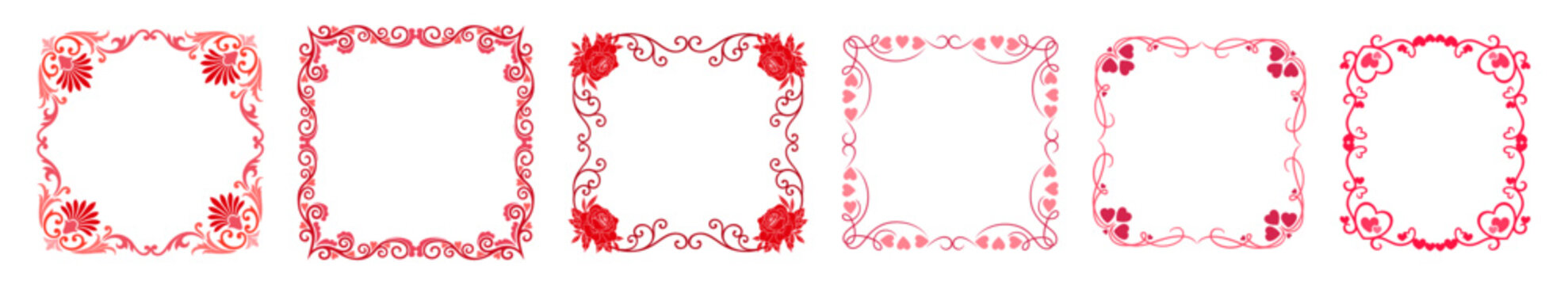Romantic square floral frame set with hearts and flowers, decorative borders