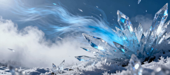 Obraz premium Vector illustration of an icy wind flash effect with crystal sparks and frosty fog.