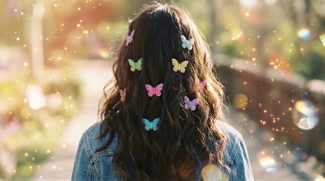 Woman&rsquo;s long hair decorated with colorful sparkly butterfly clips in a magical retro glow setting. Nostalgic spring fashion accessory